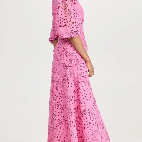 FARM Rio Pink Richelieu Midi Dress Eyelet Scallop Cutout Tuckernuck Sundress - Picture 3 of 9